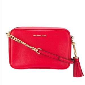 Michael Kors Jet Set Medium Camera Bag Bright Red Leather Crossbody Gold Zip